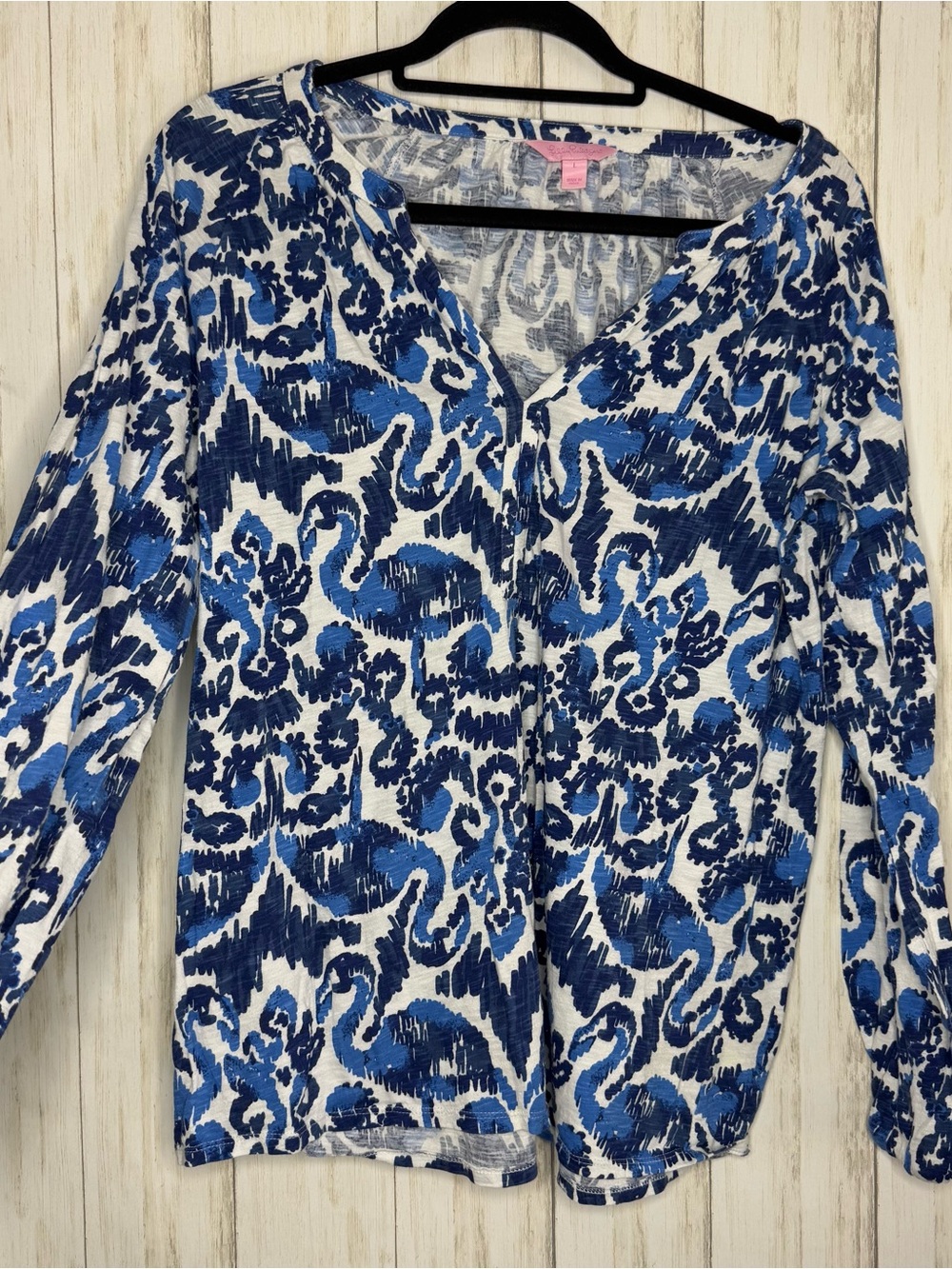 Lilly Pulitzer Blue & White Floral-Print Long Sleeve Top Large